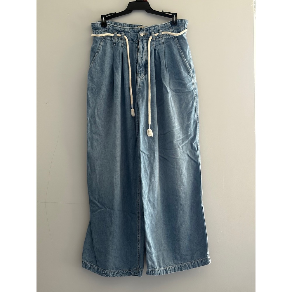 We The Free People Pleated Wide Leg Jeans Light Wash Rope Belt S/P